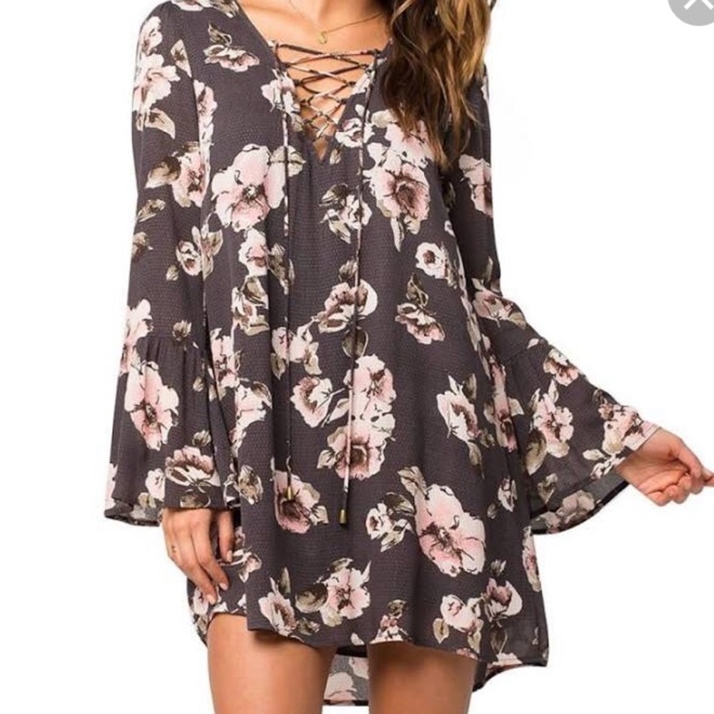 Gray Floral Print Bell Sleeve Dress